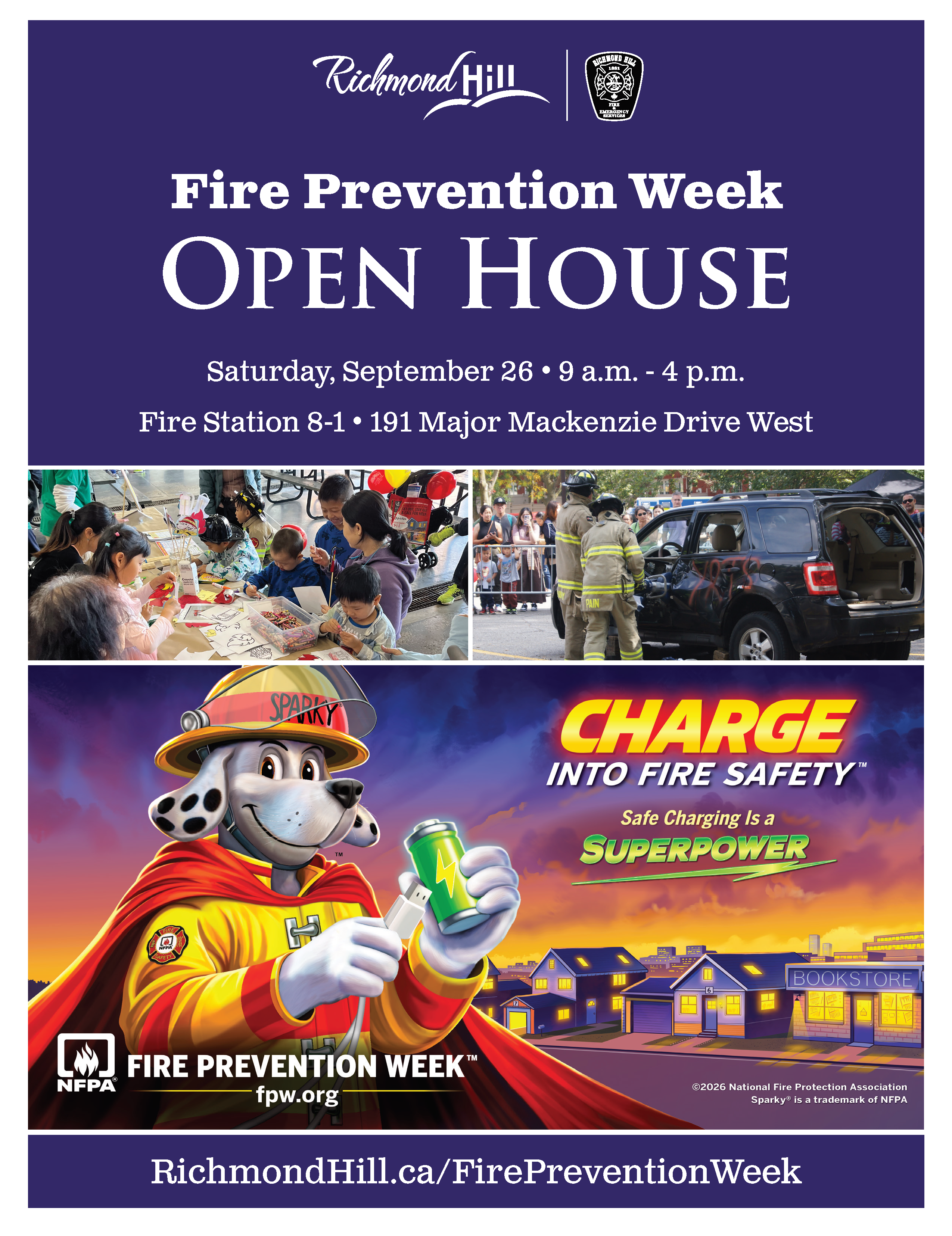 Purple background with FPW theme artwork, photos of kids at a picnic table colouring and firefighters cutting apart a car
