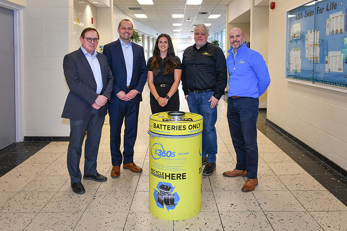 Image of City Waste staff and representatives from E360S with a Smart Battery Recycling Container