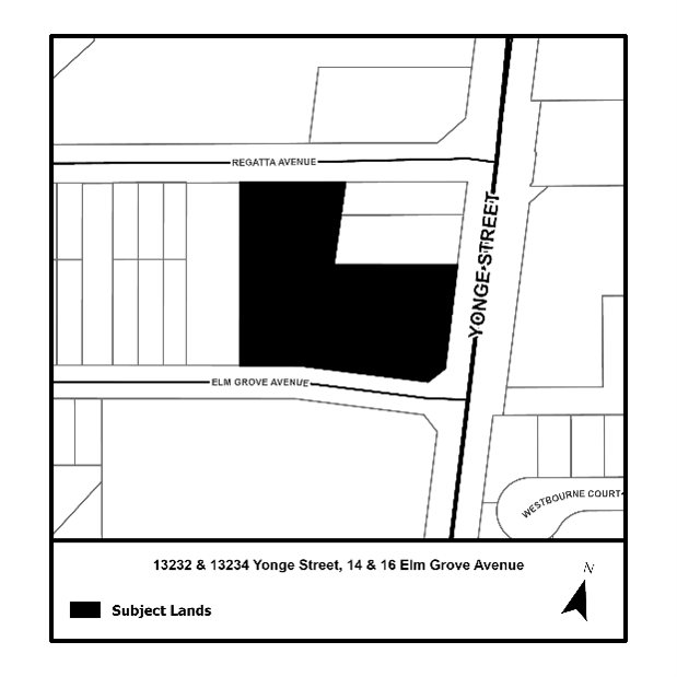 A map of 13232 and 13234 Yonge Street and 14 and 16 Elm Grove Avenue