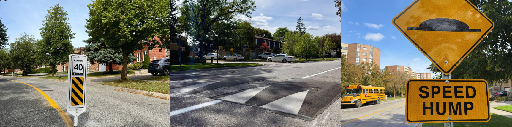 3 images of traffic calming including a centreline bollard, speed humps, and a speed humps sign